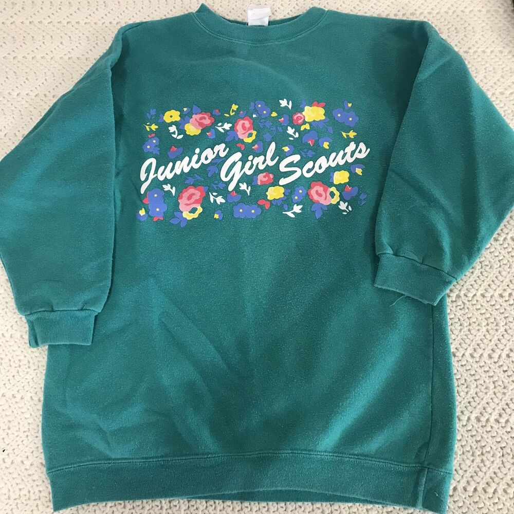 Vintage 80s RARE Junior Girl Scouts Teal Floral Sweatshirt Size XL? Adult Small